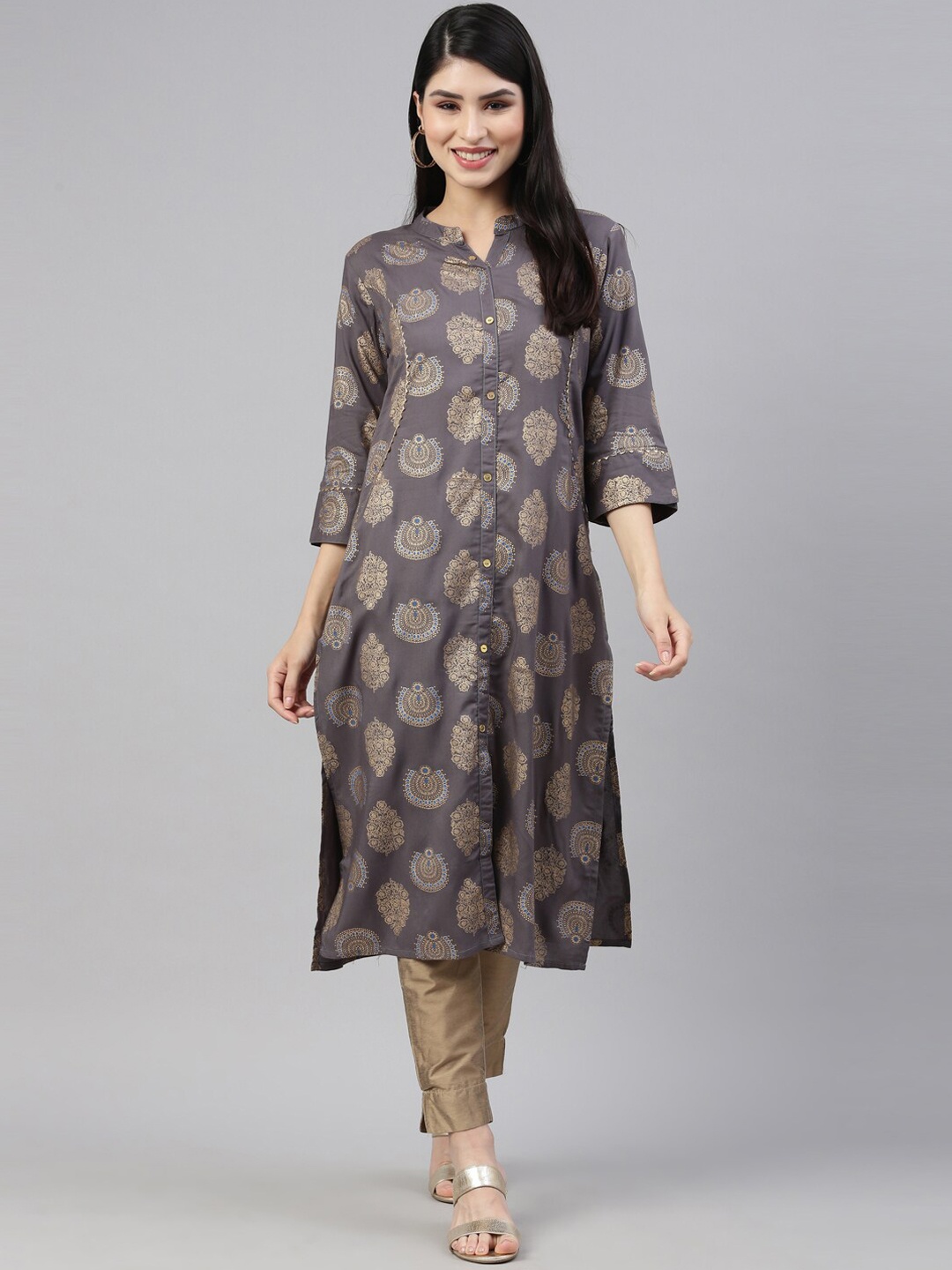 

Nahara Women Grey Ethnic Motifs Printed Sleeves Kurta