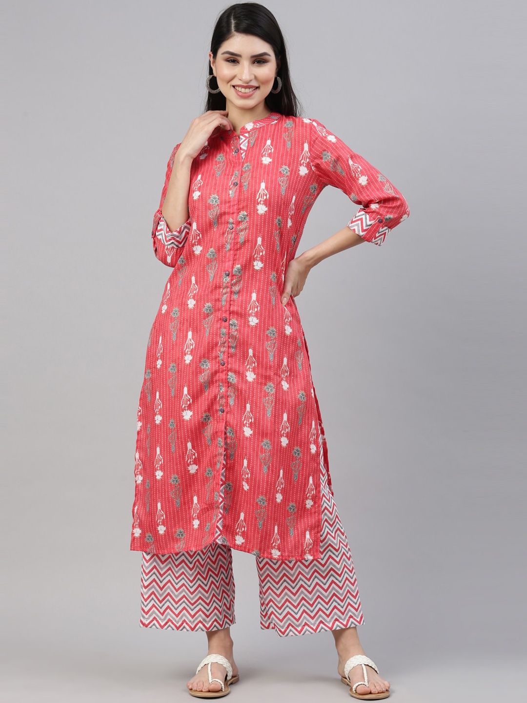 

Nahara Women Pink Striped Panelled Kurta with Palazzos