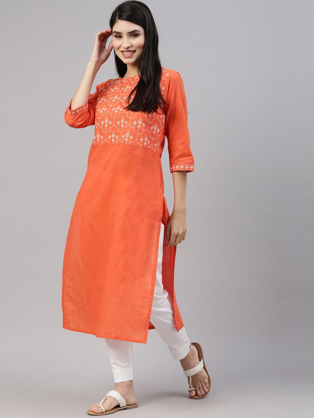 

Nahara Women Orange Yoke Design Mirror Work Kurta