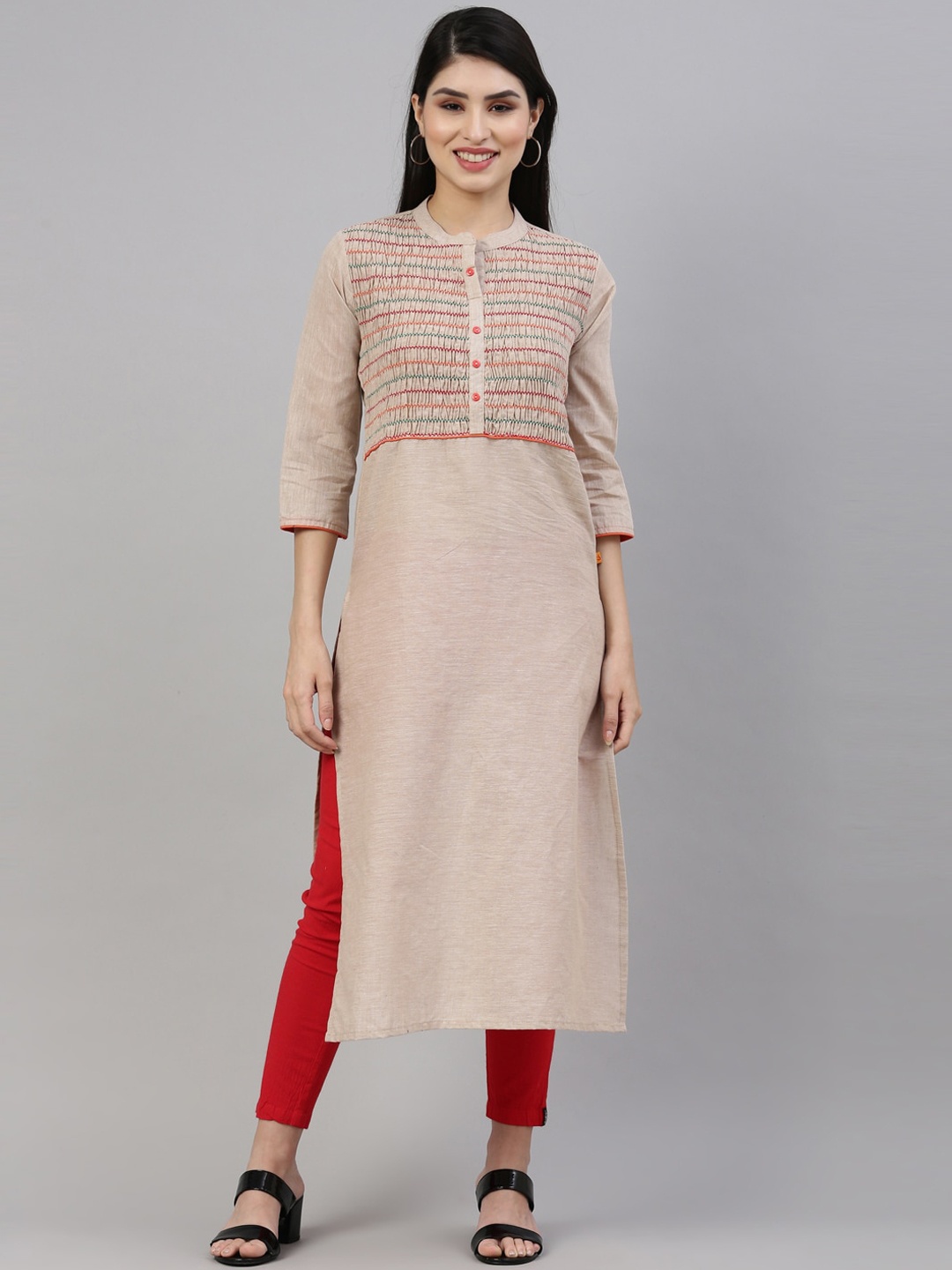 

Nahara Women Beige Geometric Yoke Design Thread Work Kurta