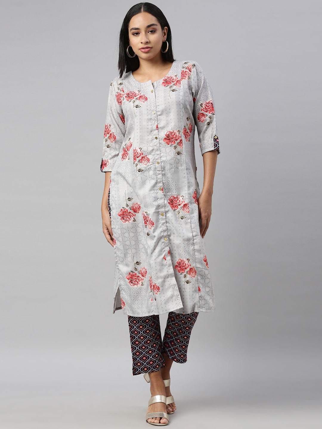 

Nahara Women Grey Floral Printed Kurti with Trousers & With Dupatta