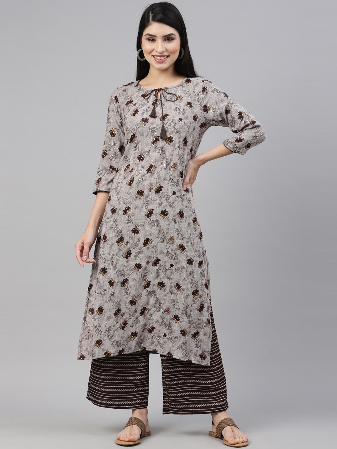 

Nahara Women Brown Floral Printed Kurta with Palazzos