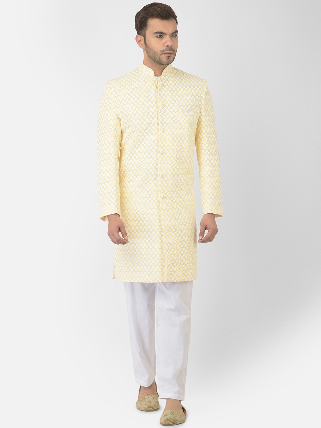 

DEYANN Men Yellow & White Printed Cotton Sherwani Set