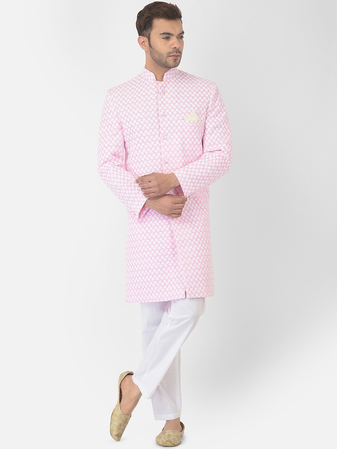 

DEYANN Men Pink Pure Cotton Chikankari Embroidered Sherwani