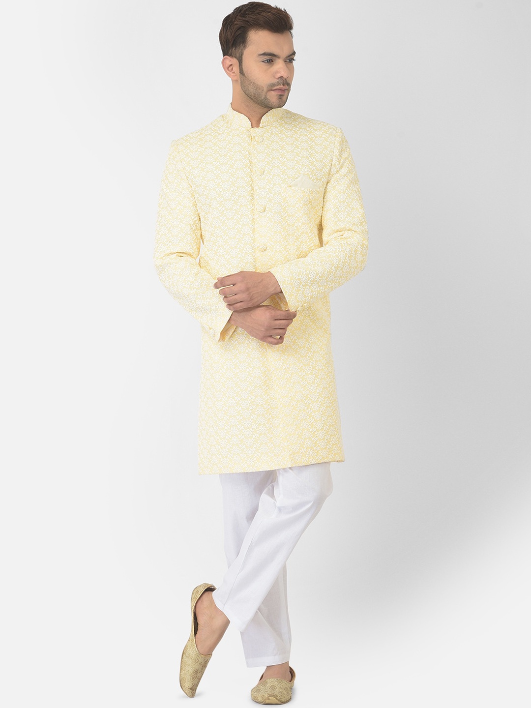DEYANN Men Yellow Pure Cotton Chikankari Embroidered Sherwani & Trouser