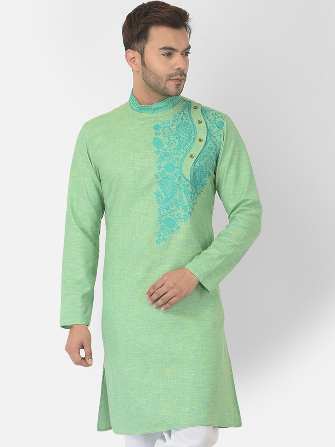 

DEYANN Men Green Thread Work Cotton Kurta