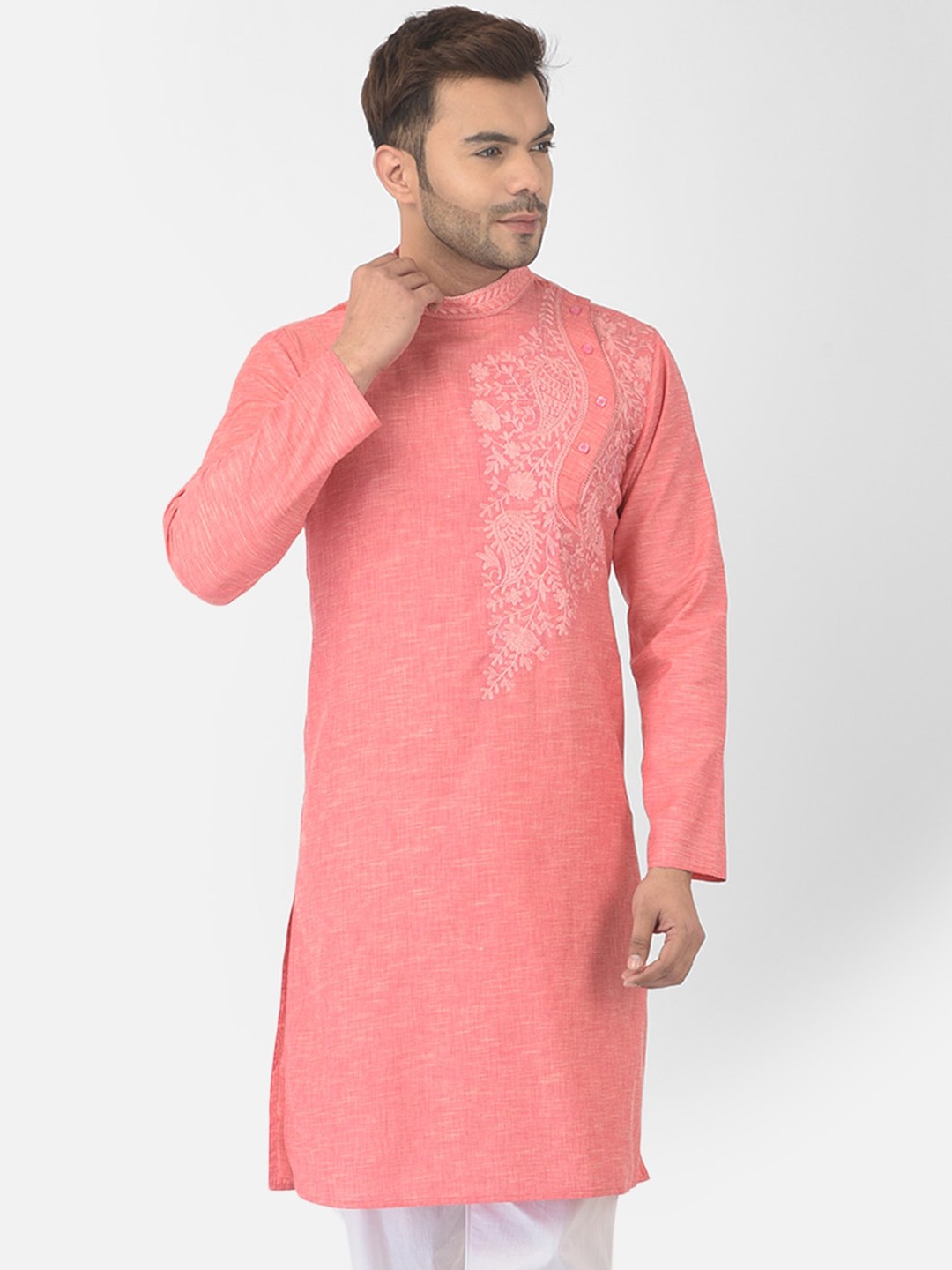 

DEYANN Men Pink Ethnic Motifs Embroidered Thread Work Pure Cotton Kurta