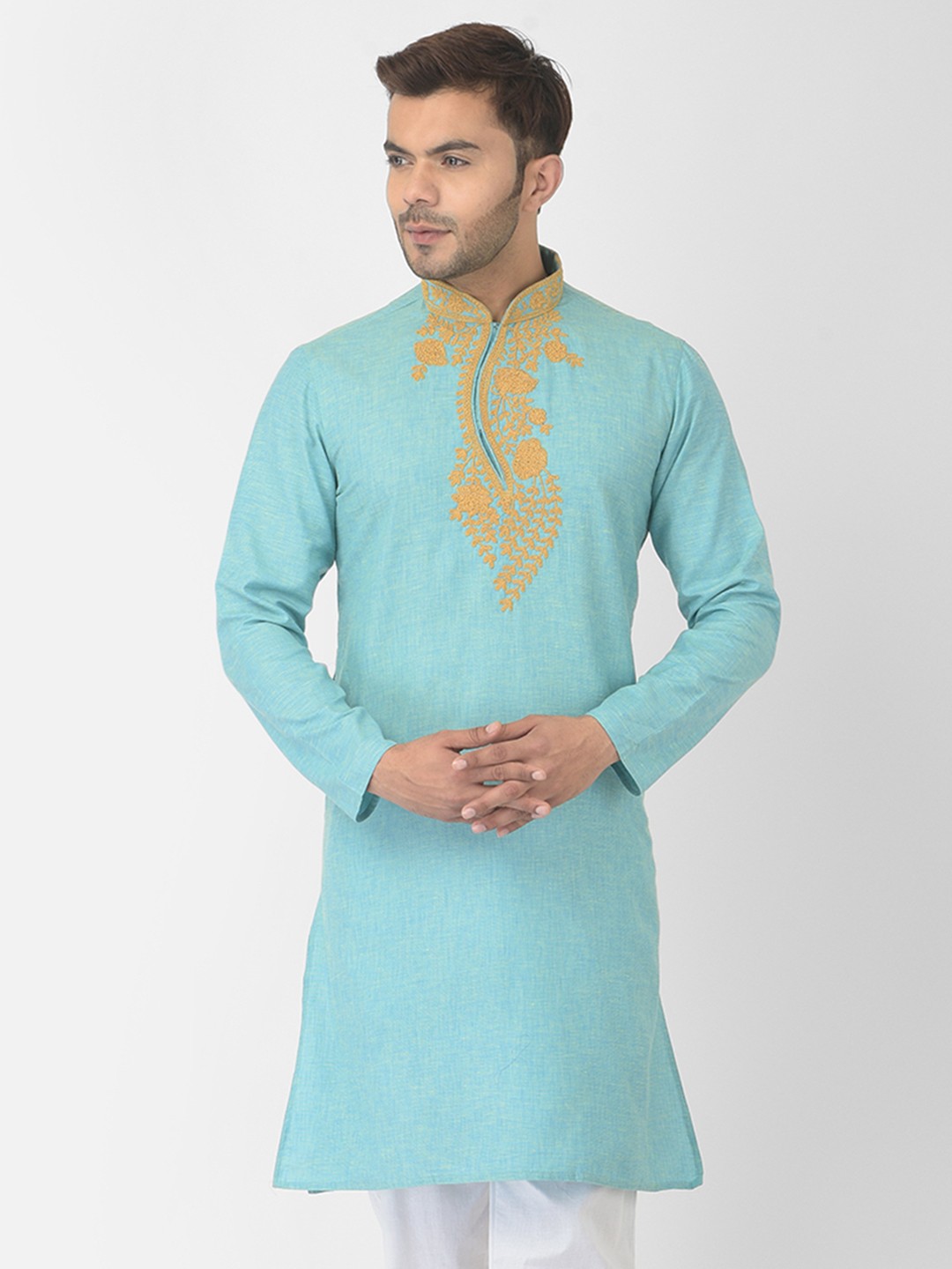 

DEYANN Men Blue & Yellow Floral Yoke Design Kurta