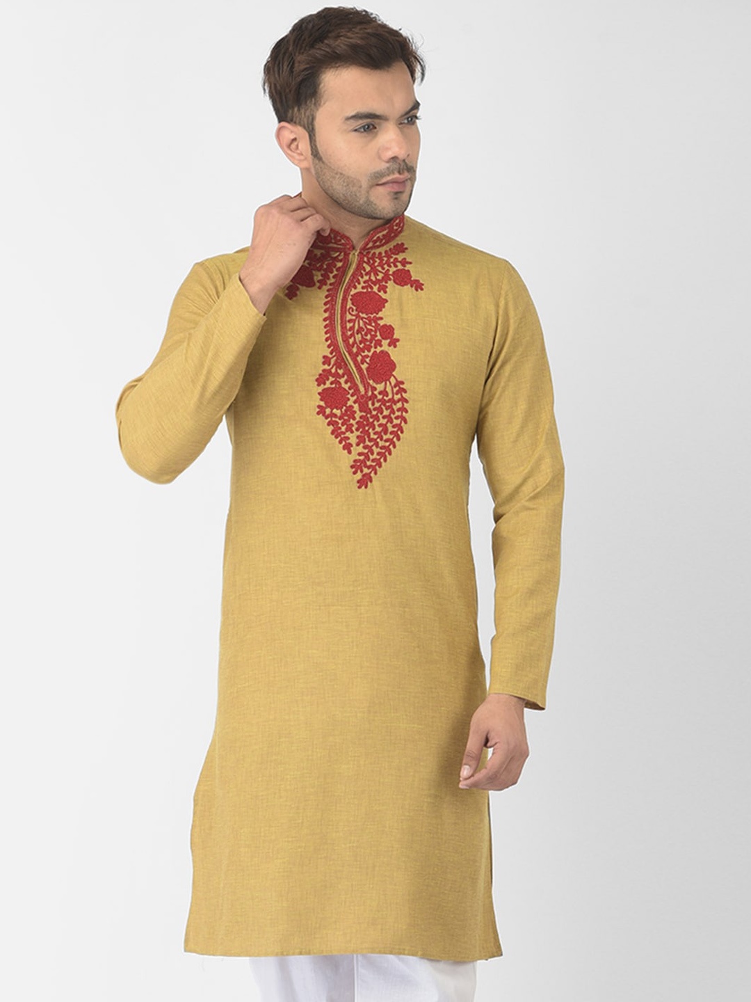 

DEYANN Men Green Yoke Design Thread Work Cotton Kurta