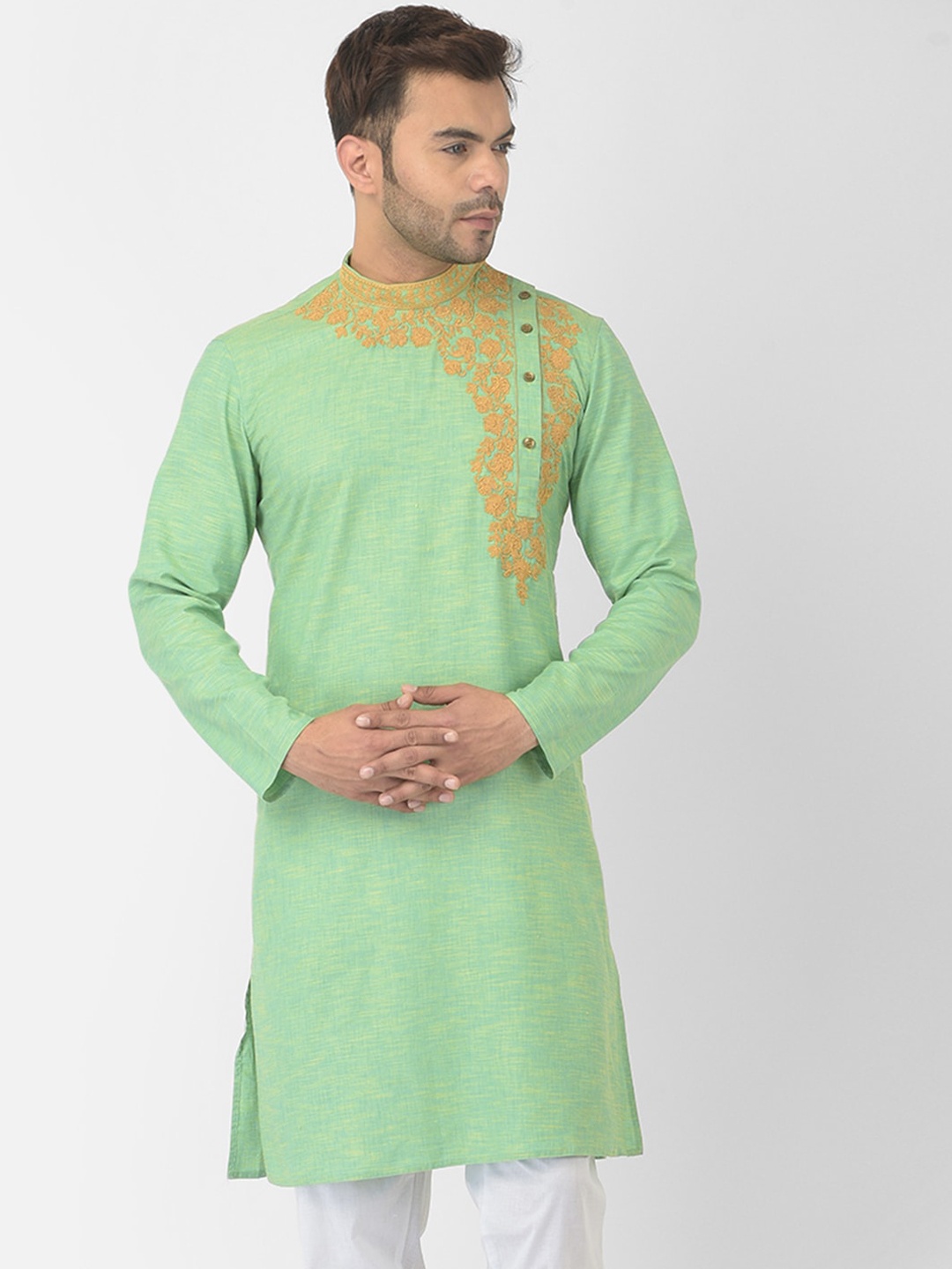 

DEYANN Men Green Ethnic Motifs Thread Work Pure Cotton Kurta