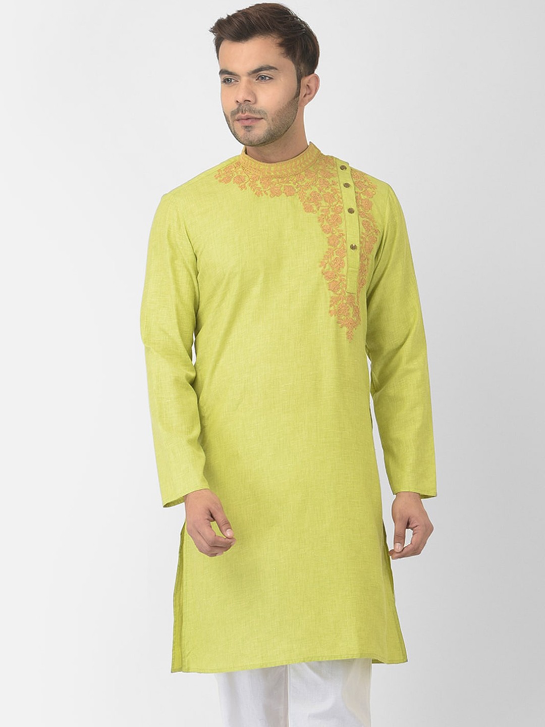 

DEYANN Men Green Thread Work Cotton Kurta