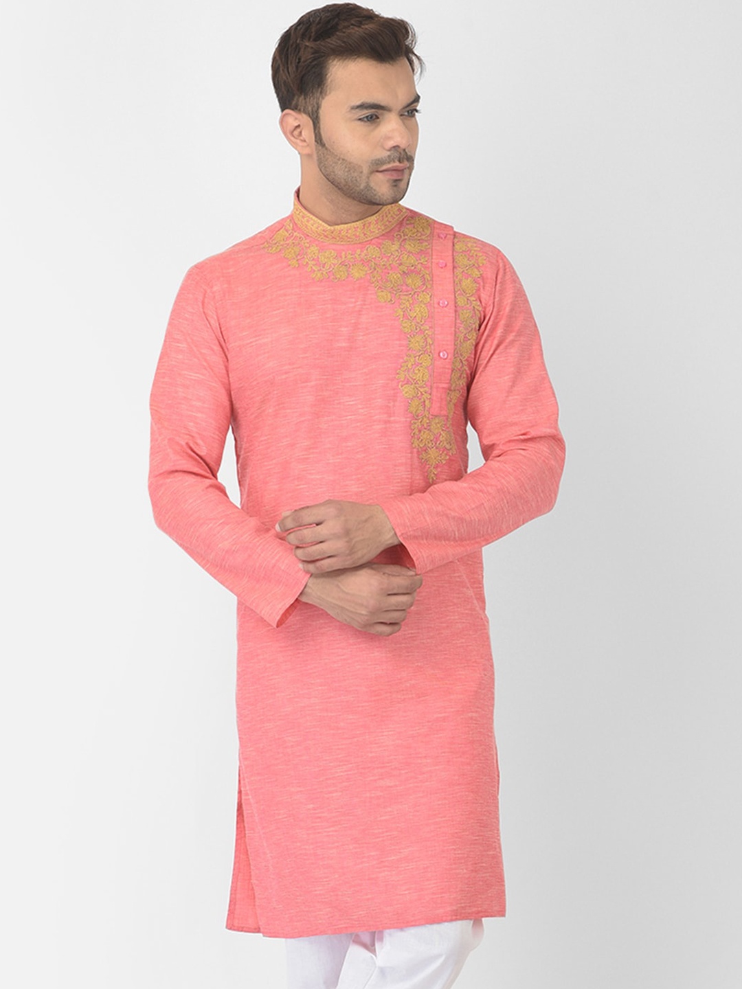 

DEYANN Men Pink Thread Work Cotton Kurta