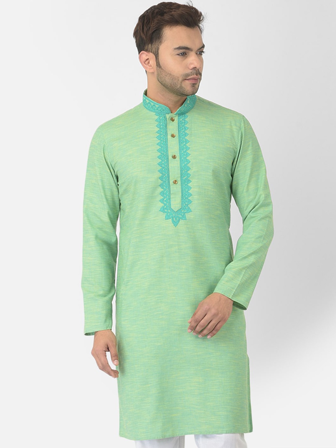 

DEYANN Men Green Thread Work Cotton Kurta