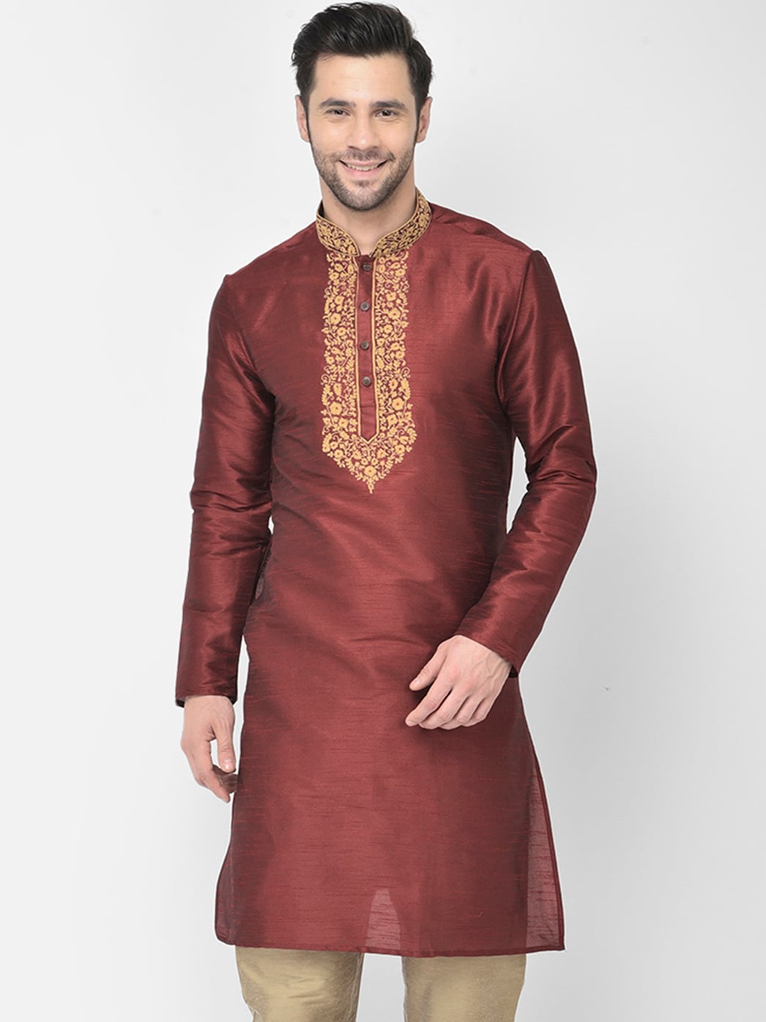 

DEYANN Men Maroon Floral Embroidered Kurta