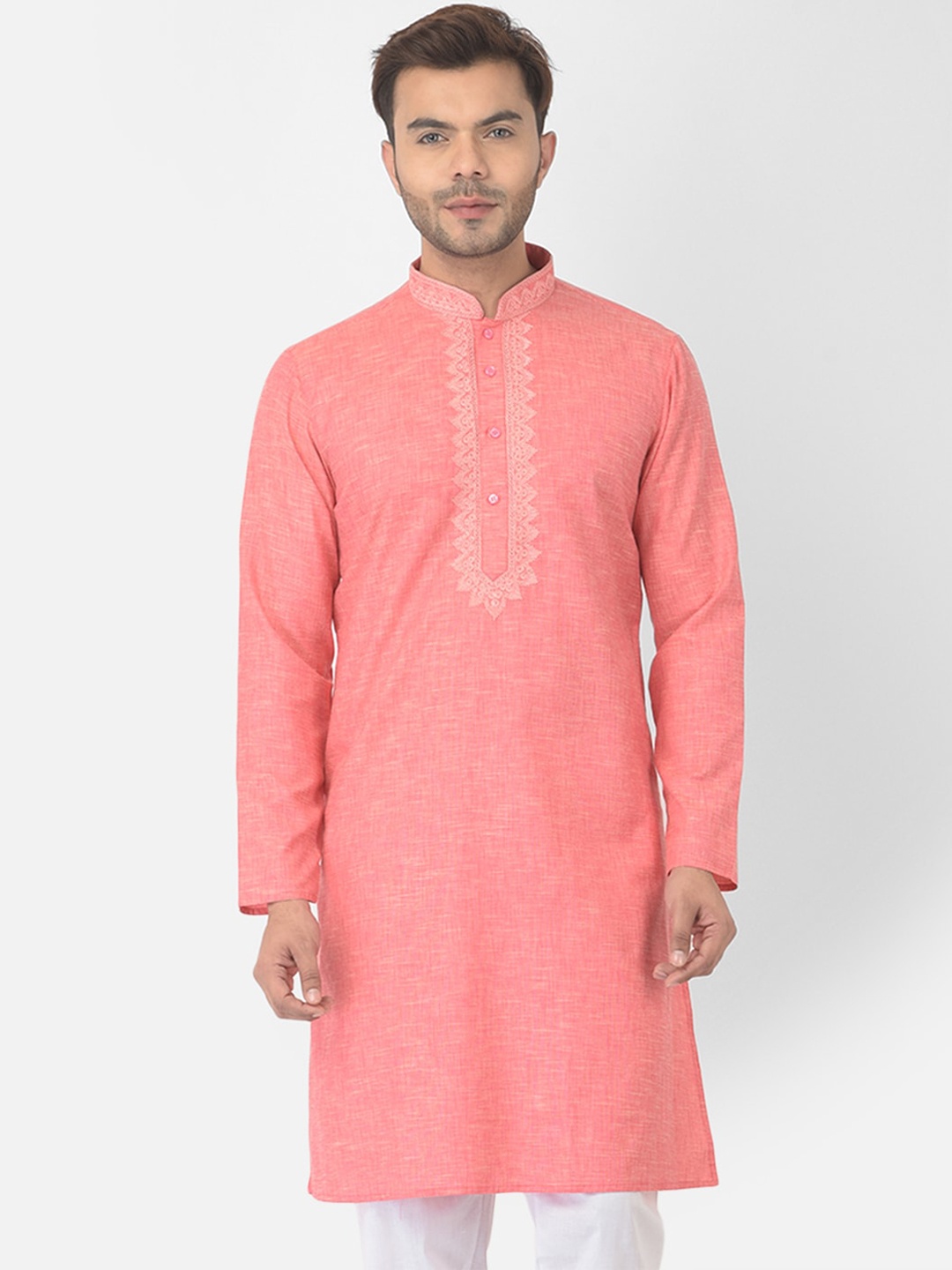 

DEYANN Men Pink Thread Work Cotton Kurta