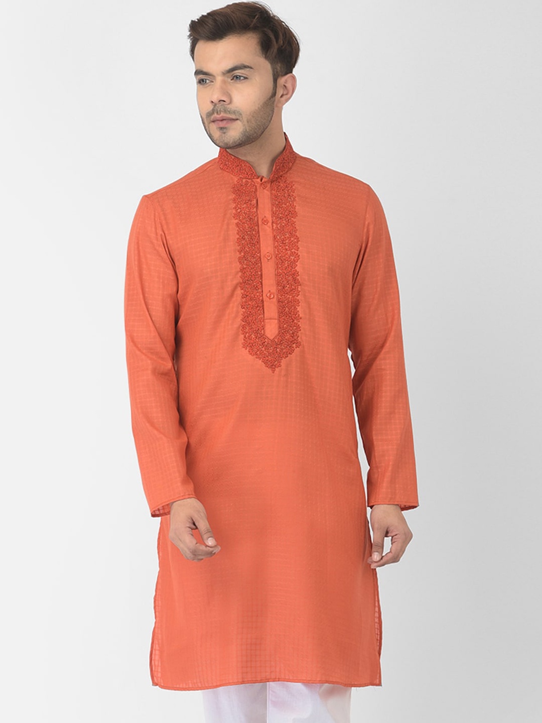 

DEYANN Men Orange Thread Work Cotton Kurta