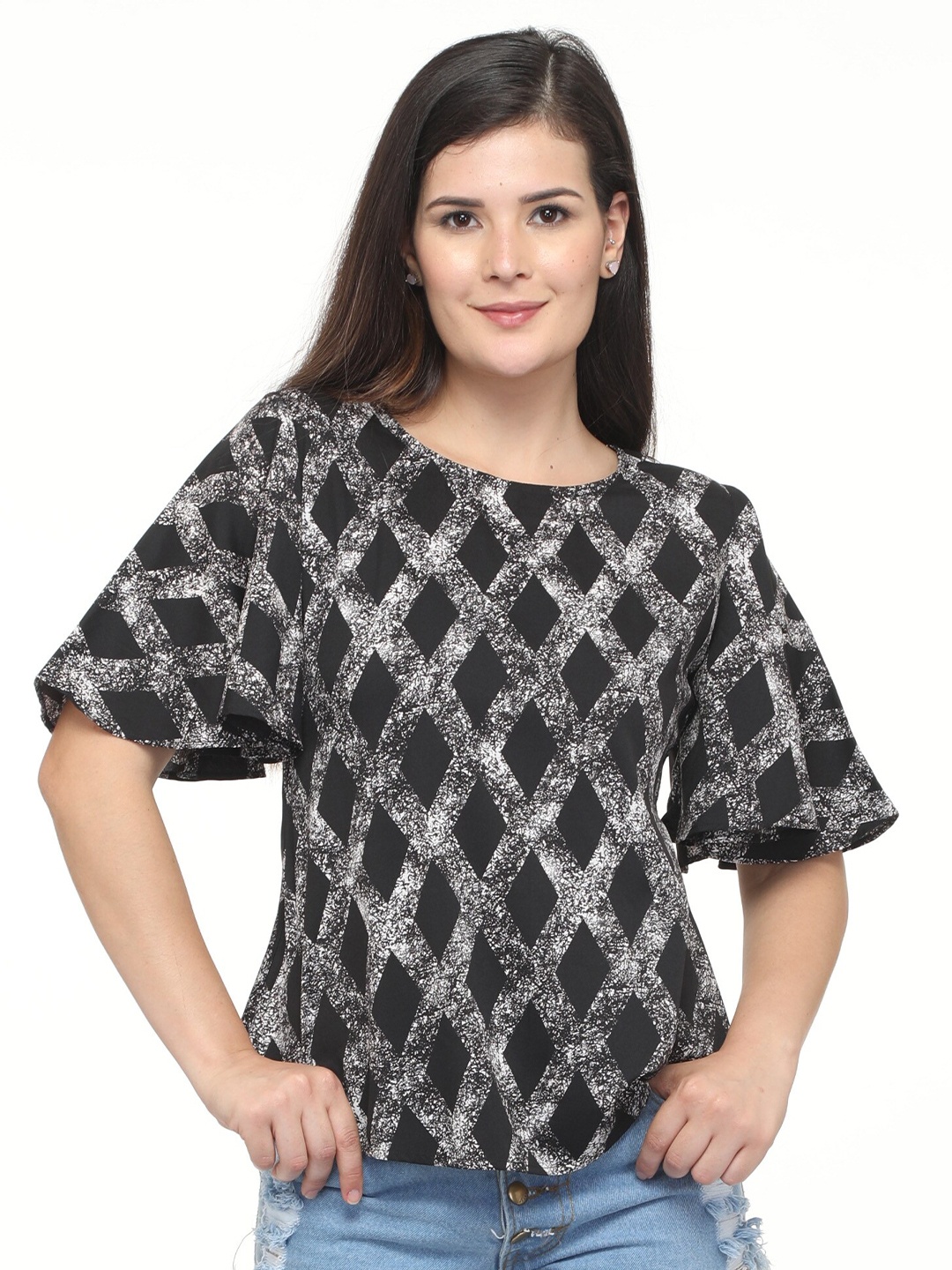 

DEGE Black Print Crepe Top