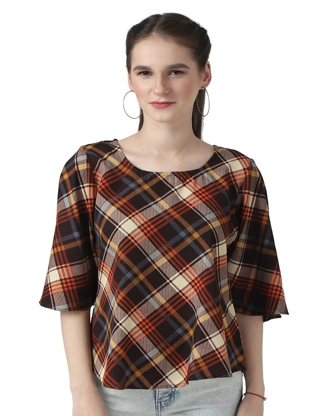 

DEGE Women Brown Checked Cotton Blend Top