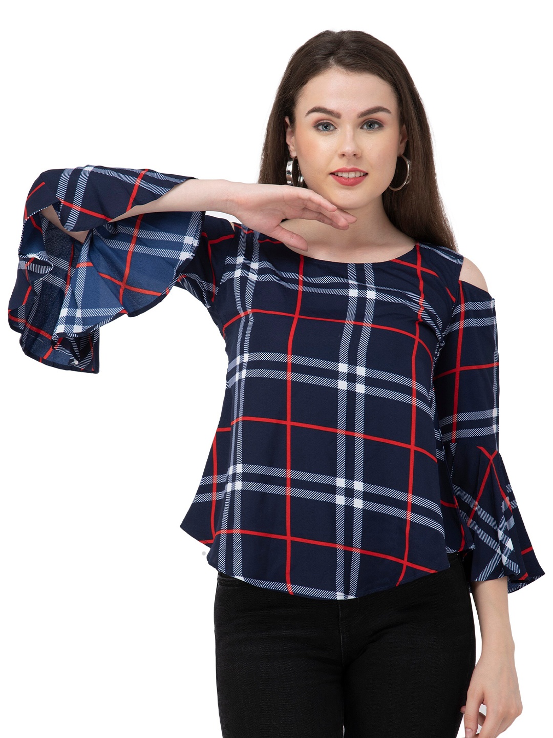 

DEGE Blue & Red Checked Cold Shoulder Crepe Top