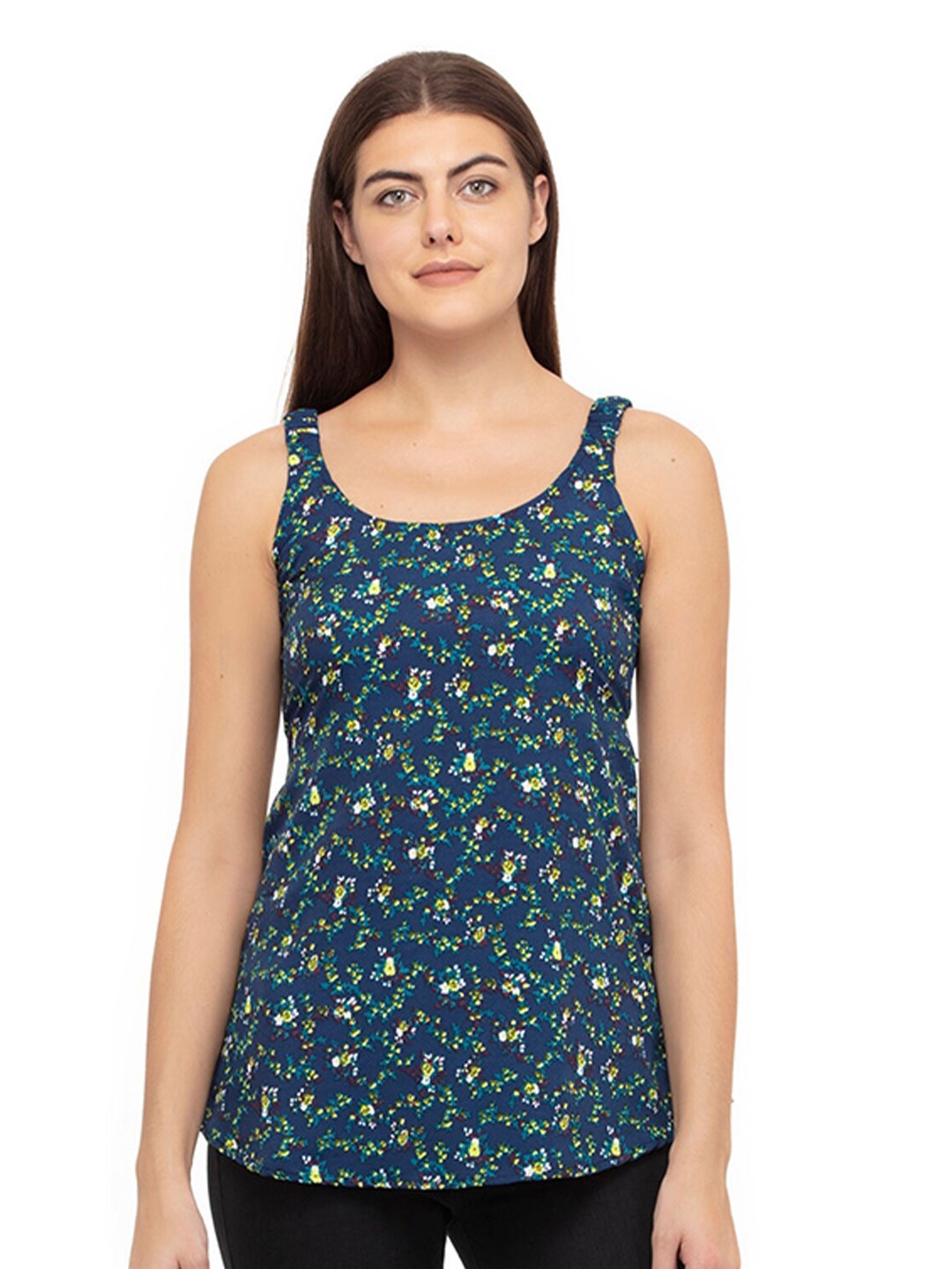 

DEGE Navy Blue Floral Print Crepe Tank Top