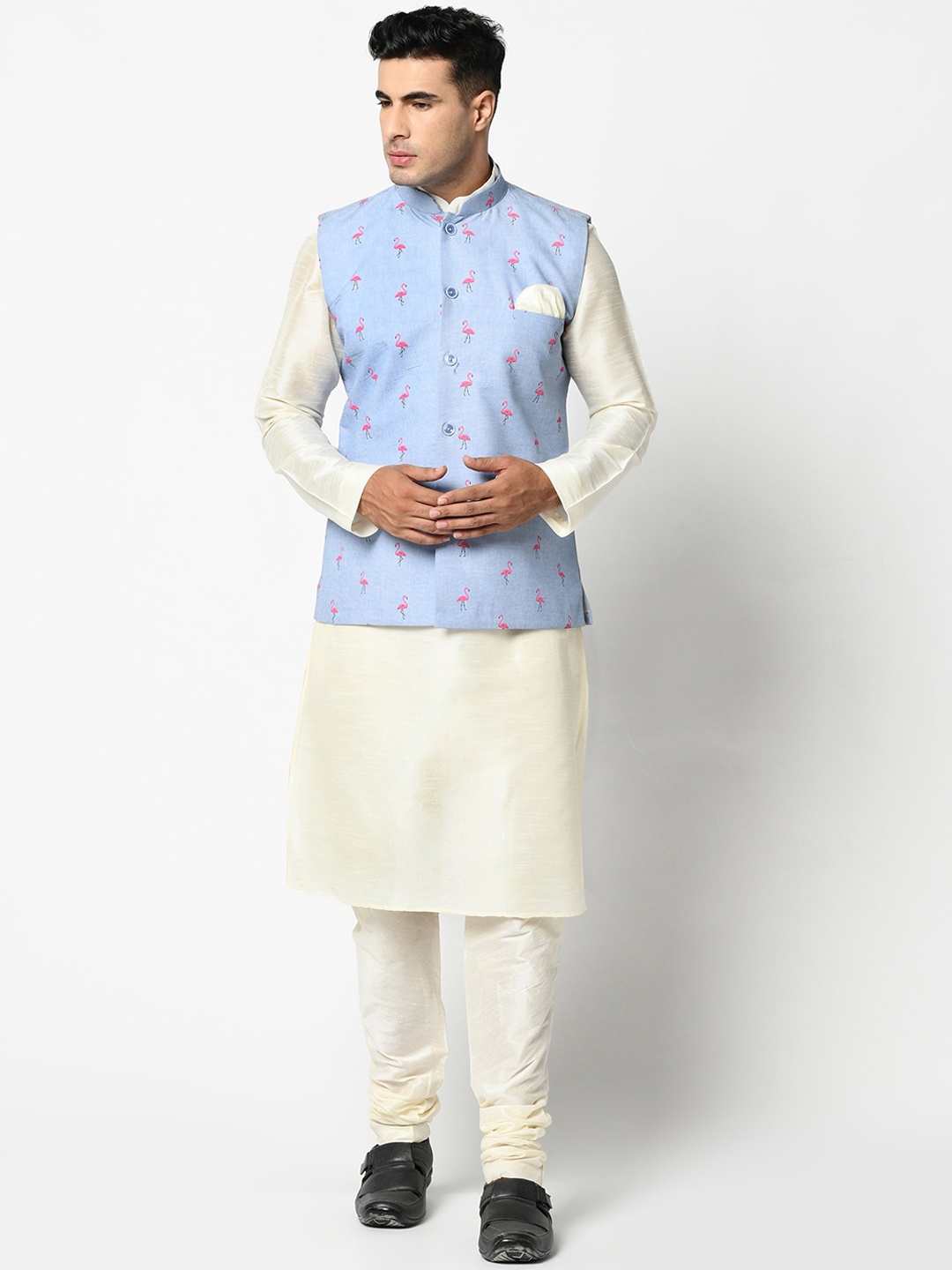 

DEYANN Men Blue & Cream-Coloured Kurta & Pyjama With Nehru Jacket