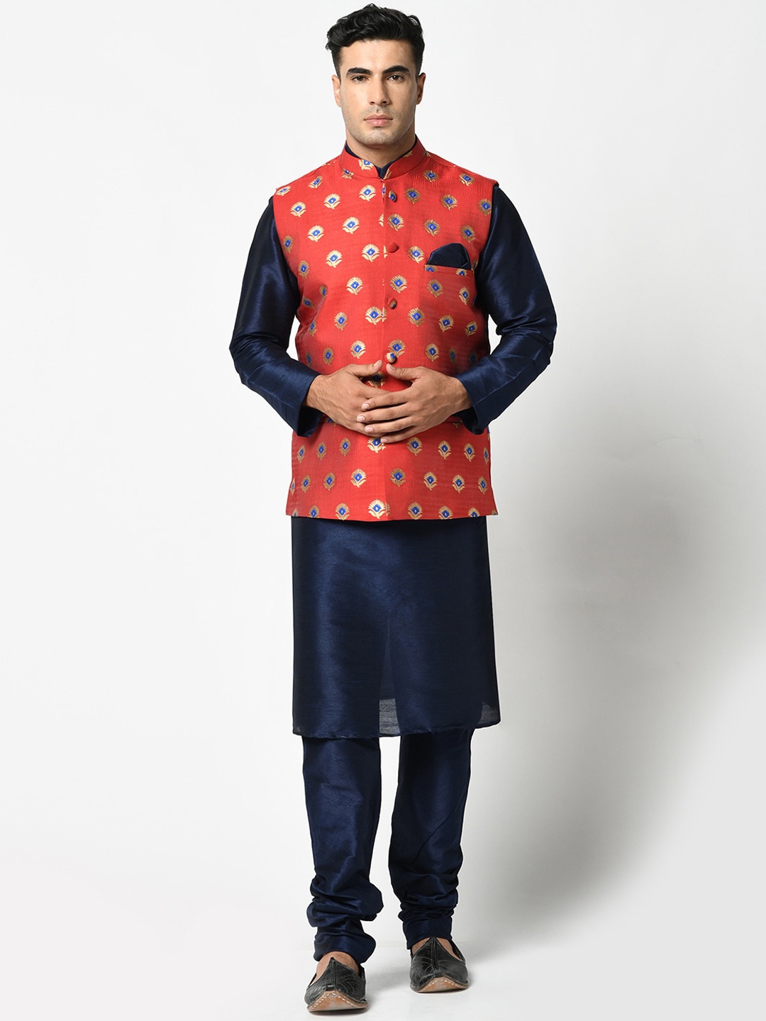 

DEYANN Men Red Angrakha Kurta with Pyjamas