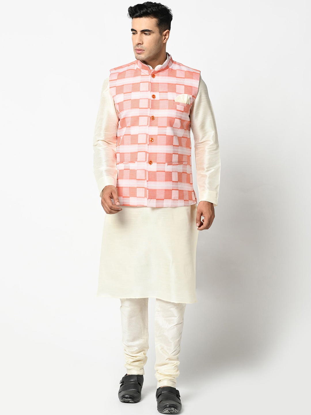 

DEYANN Men Orange Kurta with Pyjamas & Nehru Jacket