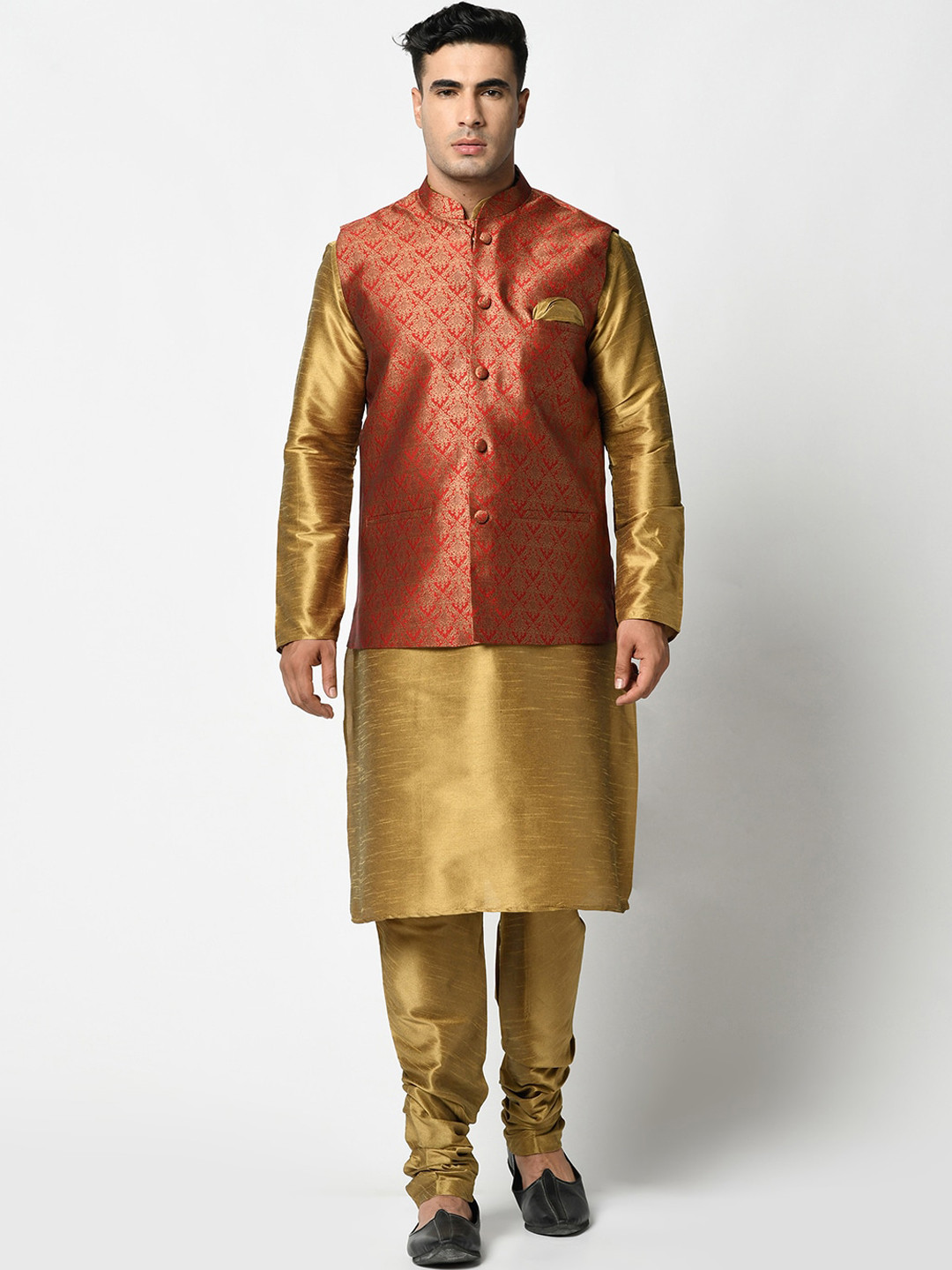 

DEYANN Men Red & Golden Kurta with Pyjamas & Nehru Jacket