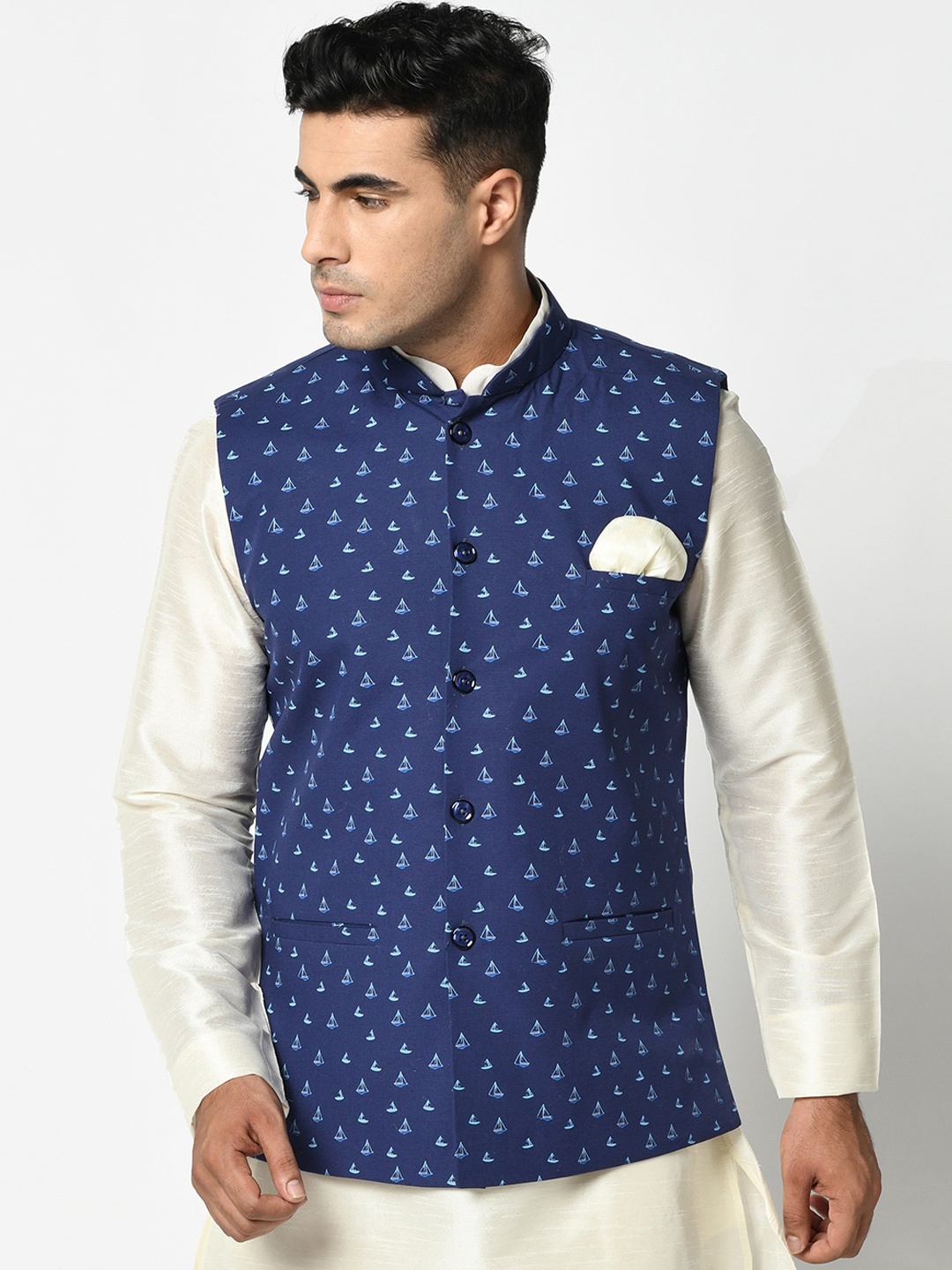

DEYANN Men Blue Printed Nehru Jackets