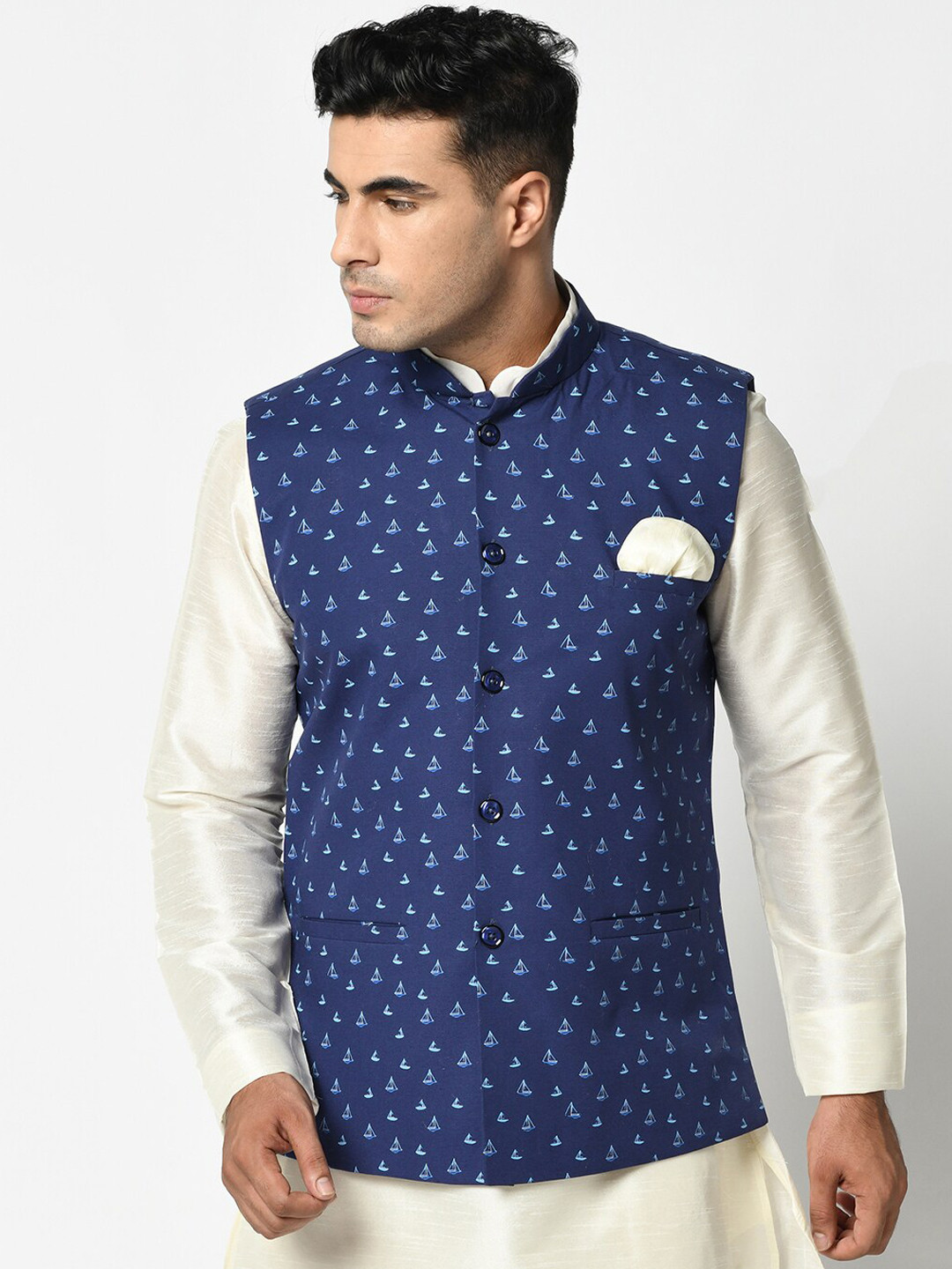 

DEYANN Men Blue Printed Pure Cotton Nehru Jacket