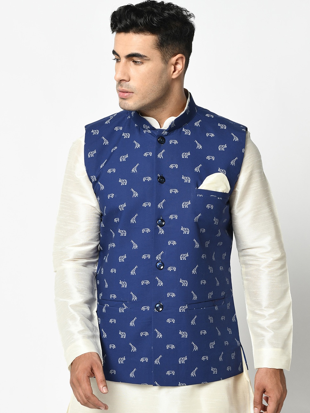

DEYANN Men Blue Printed Nehru Jacket