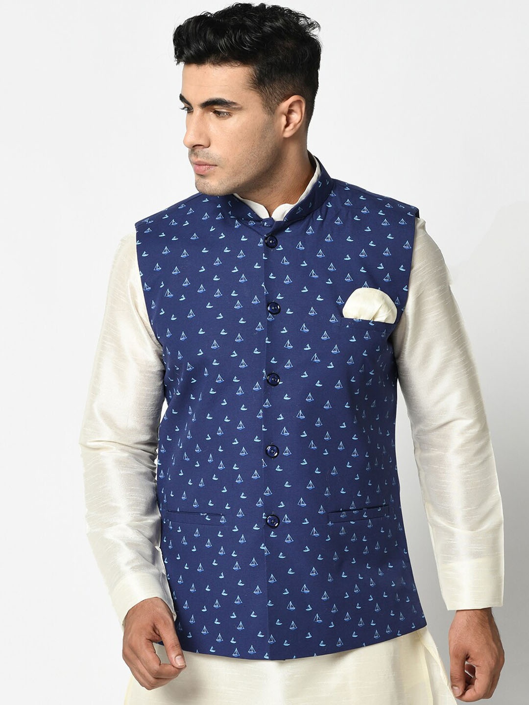 

DEYANN Men Navy Blue Printed Nehru Jacket