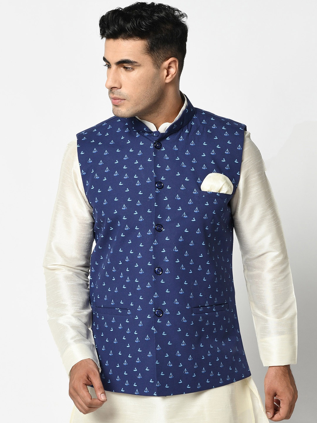 

DEYANN Men Navy Blue Printed Pure Cotton Nehru Jacket