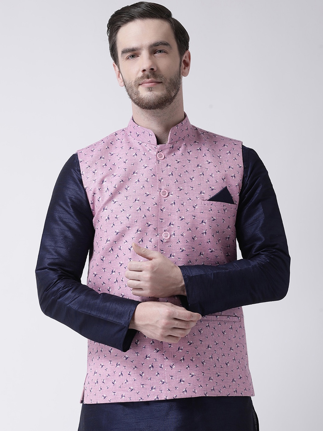 

DEYANN Men Pink & Navy Blue Printed Pure Cotton Nehru Jacket
