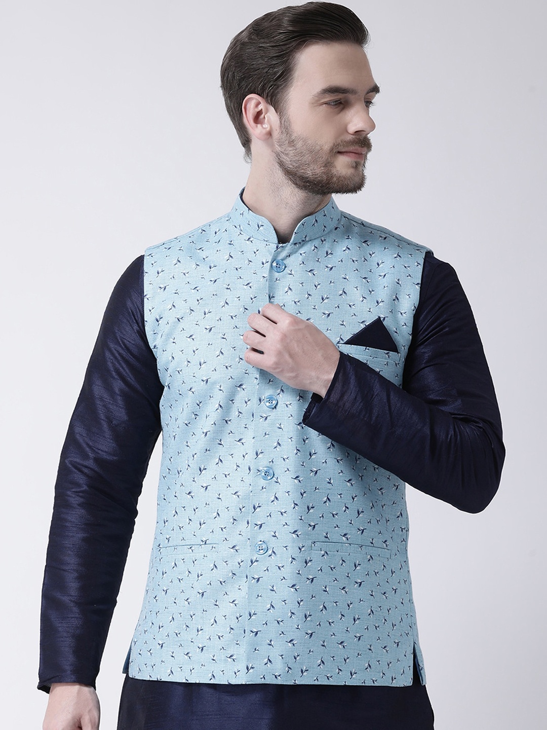 

DEYANN Men Blue Printed Nehru Jackets