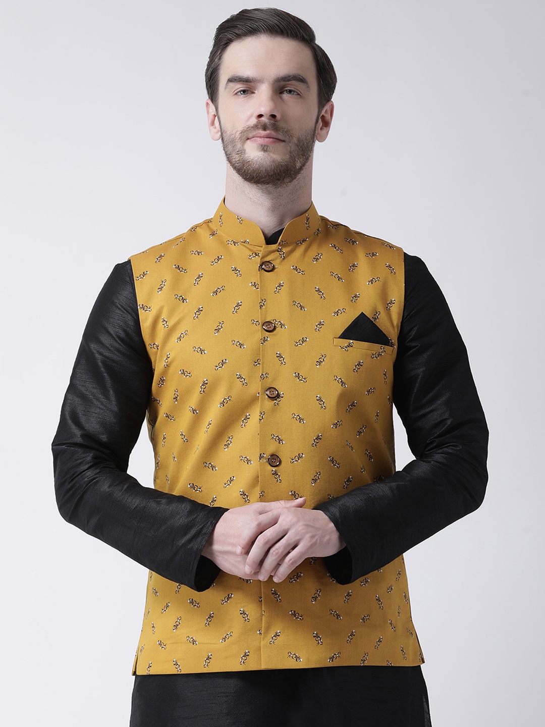 

DEYANN Yellow Printed Cotton Linen Nehru Jacket