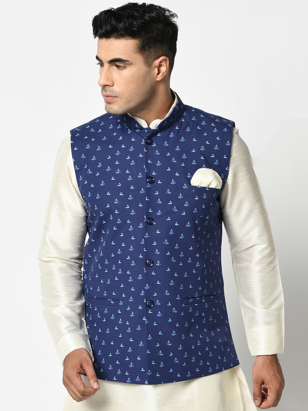 

DEYANN Men Blue Printed Nehru Jackets
