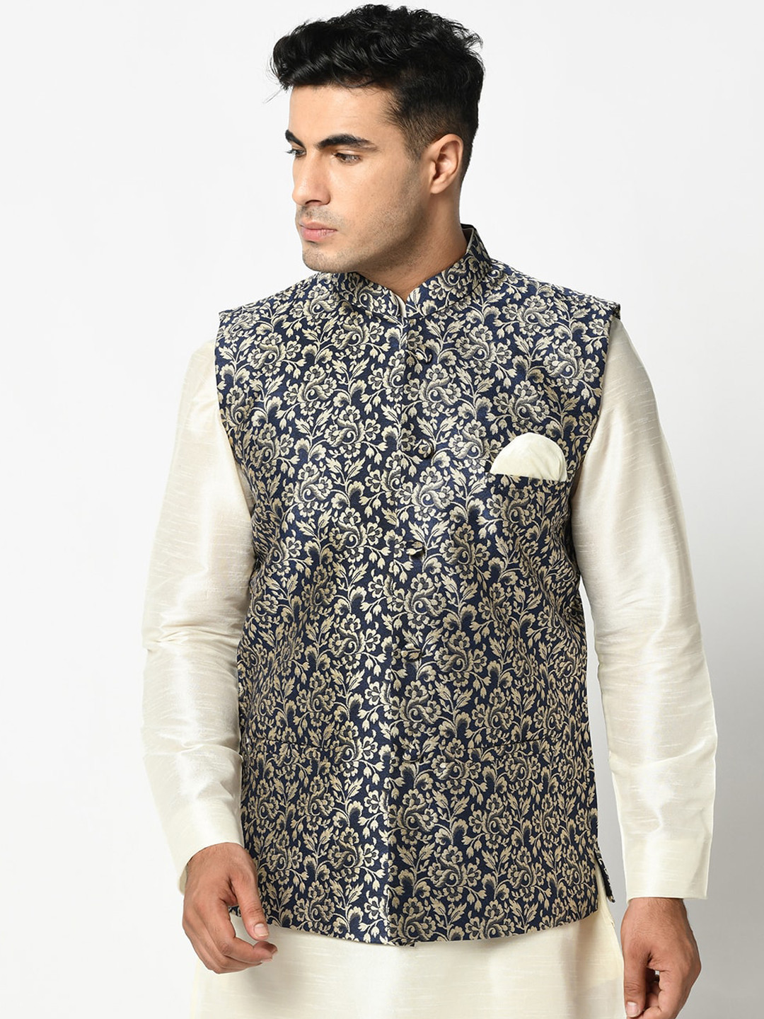 

DEYANN Navy Blue Woven Design Silk Blend Nehru Jacket