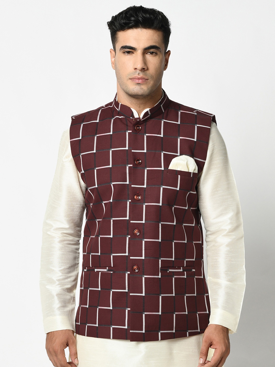 

DEYANN Maroon Woven Design Pure Cotton Nehru Jacket