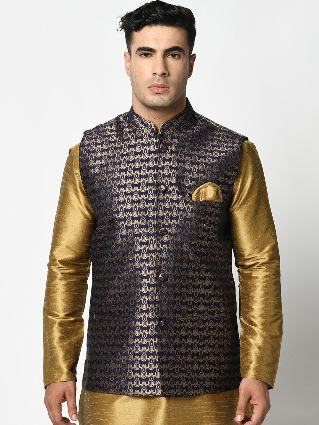 

DEYANN Men Navy Blue & Golden Woven Design Nehru Jackets