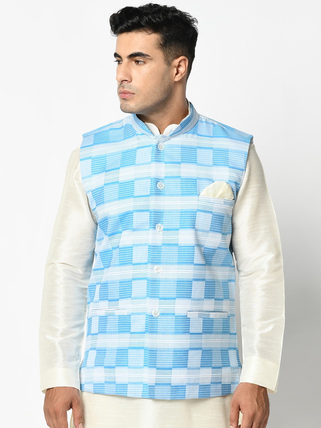 

DEYANN Men Blue & White Printed Nehru Jackets