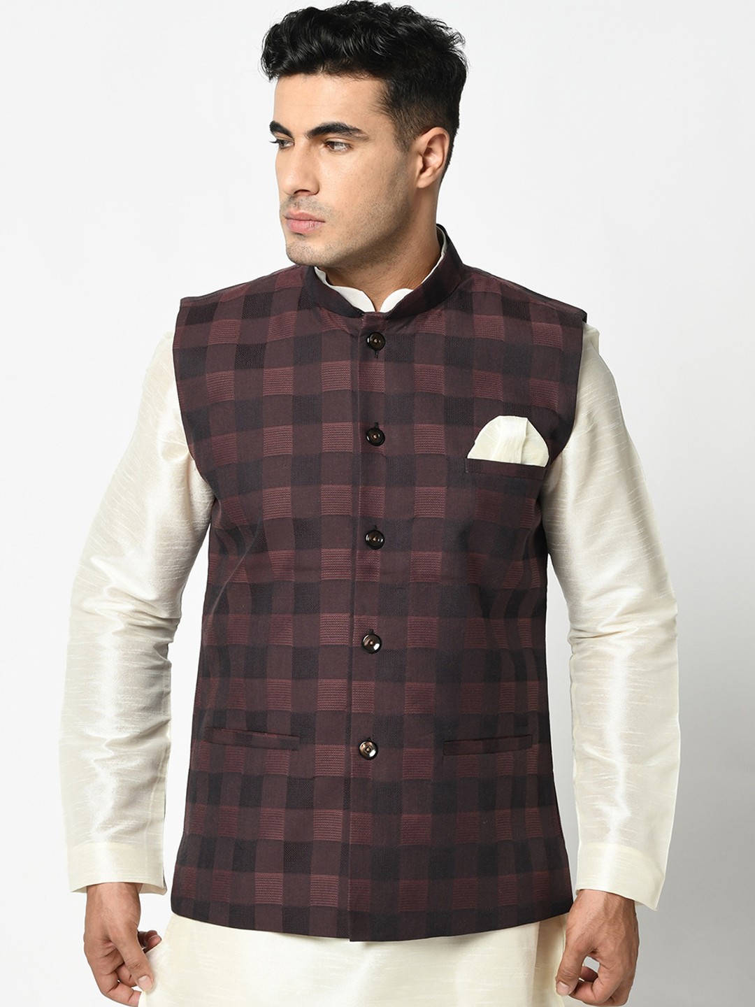 

DEYANN Men Maroon & Black Checked Nehru Jacket