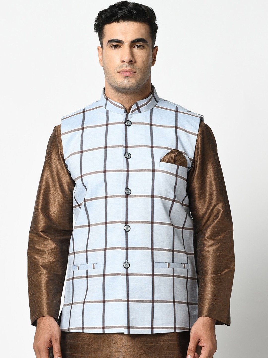 

DEYANN Men Blue Woven Printed Nehru Jackets