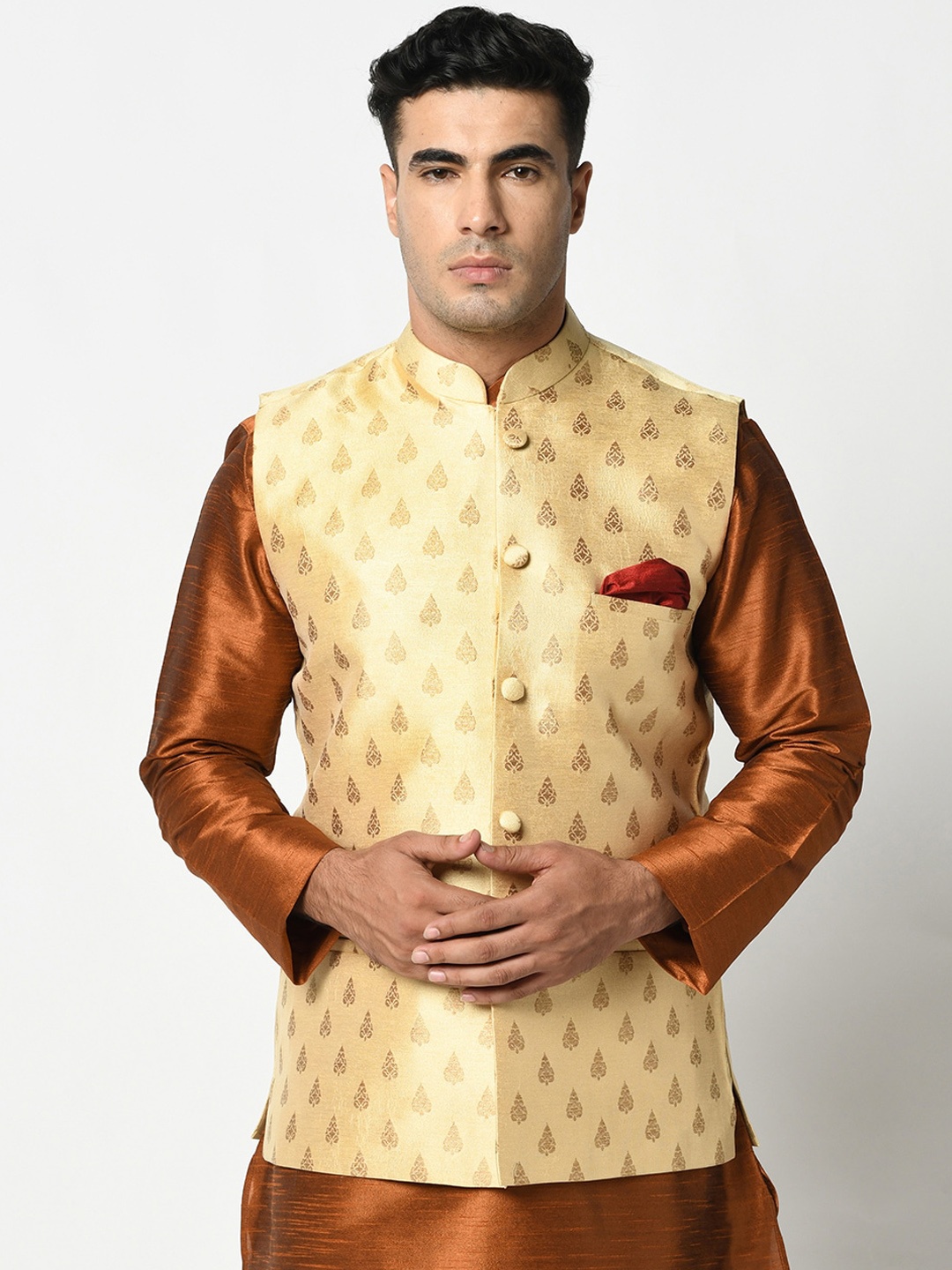 

DEYANN Men Cream Printed Nehru Jackets