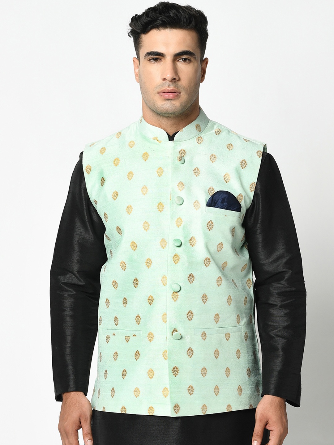 

DEYANN Men Green Printed Nehru Jacket