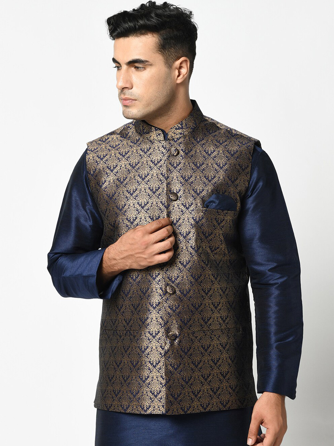 

DEYANN Men Navy Blue & Golden Woven Design Nehru Jacket