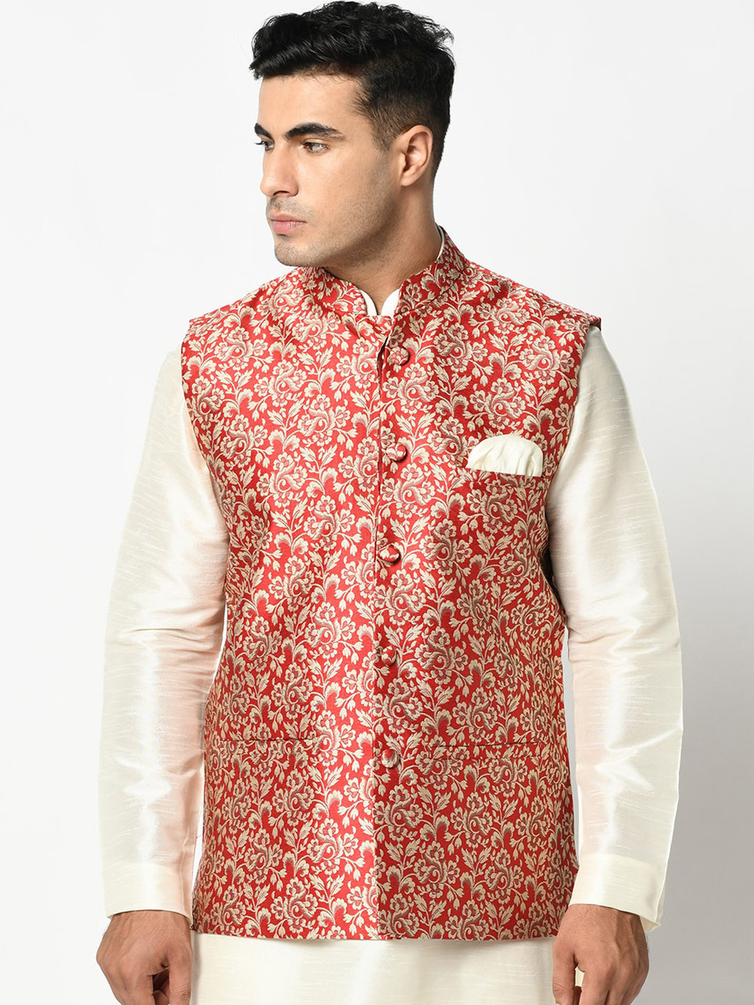 

DEYANN Men Red & Beige Woven Design Nehru Jacket