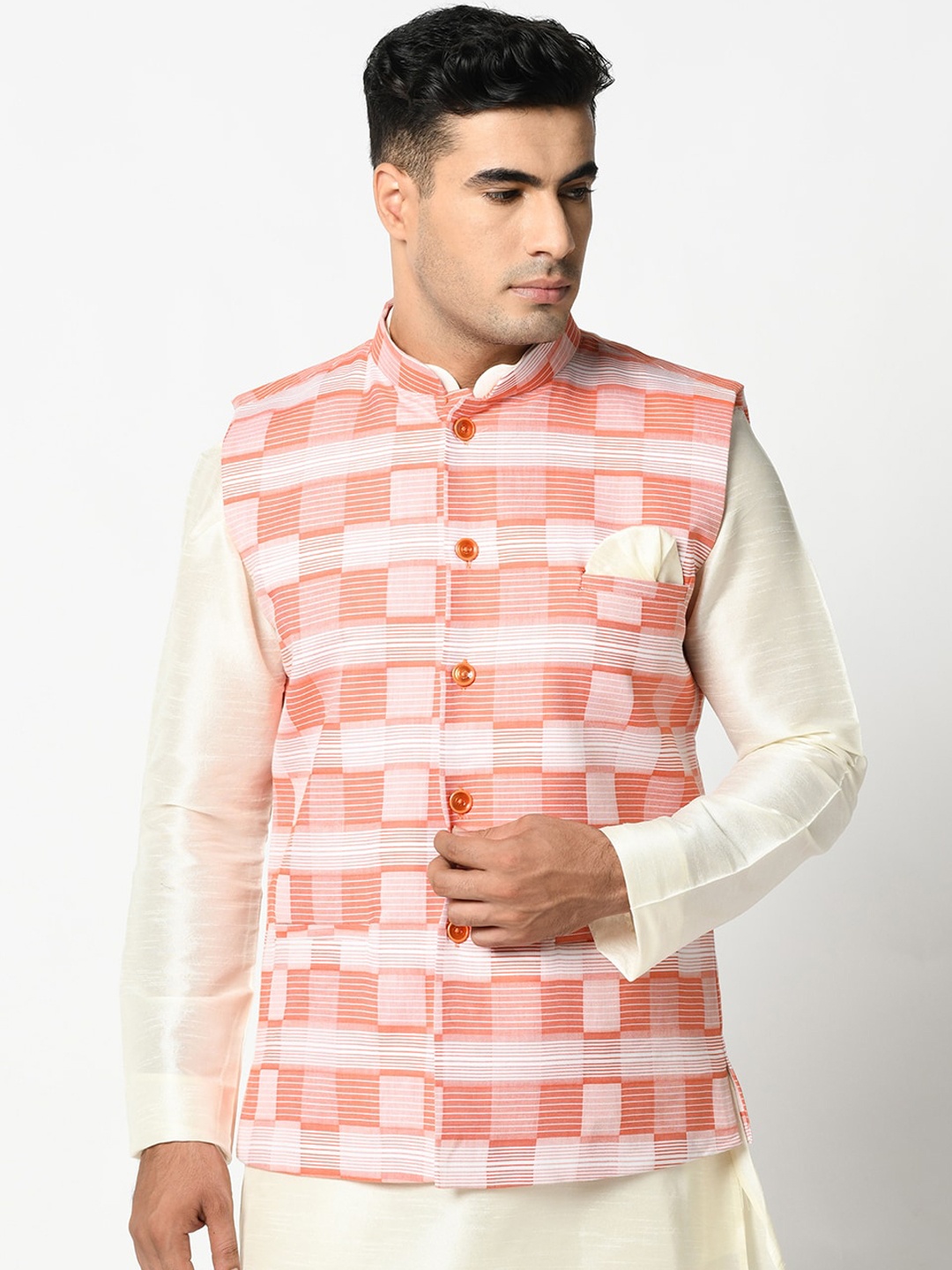 

DEYANN Men Peach & White Printed Pure Cotton Woven Nehru Jacket