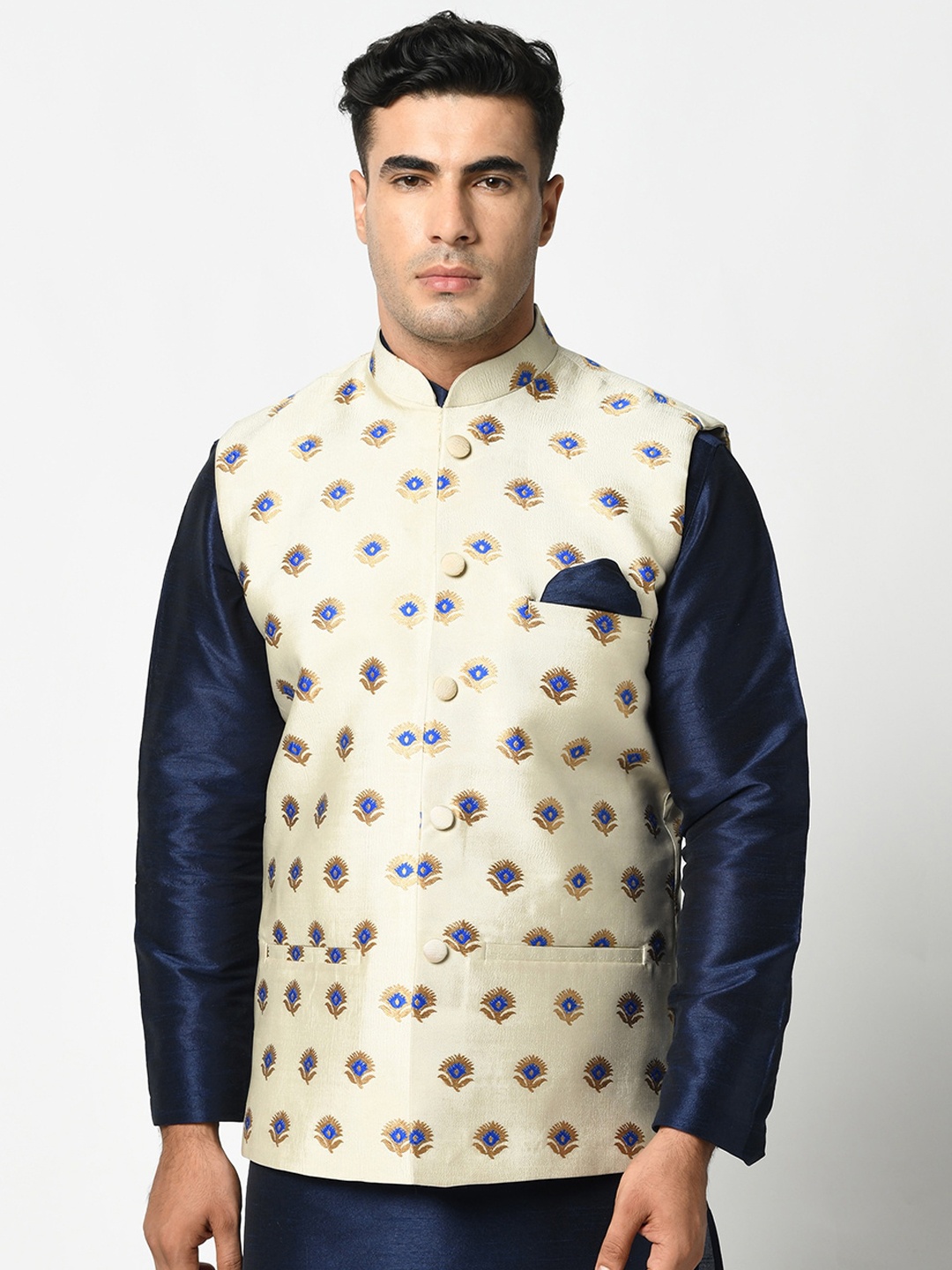 

DEYANN Men Off White & Blue Woven Design Nehru Jacket