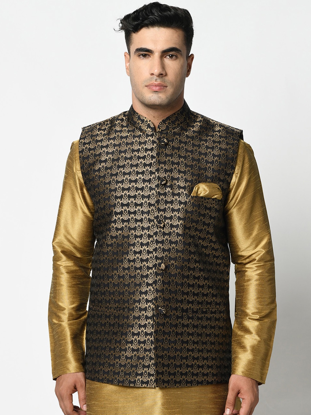 

DEYANN Men Black & Gold-Toned Printed Nehru Jackets